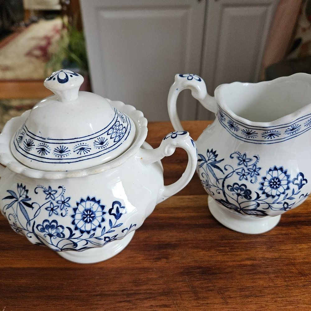 vintage ironstone classic whit&blue nordic creamer &sugar bowl j&g meakin